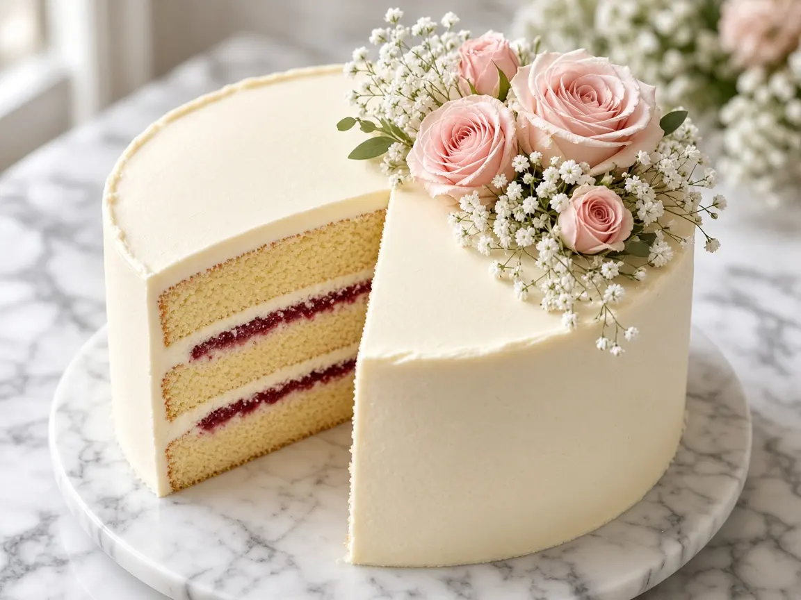 Slice of a vanilla layer cake with berry filling