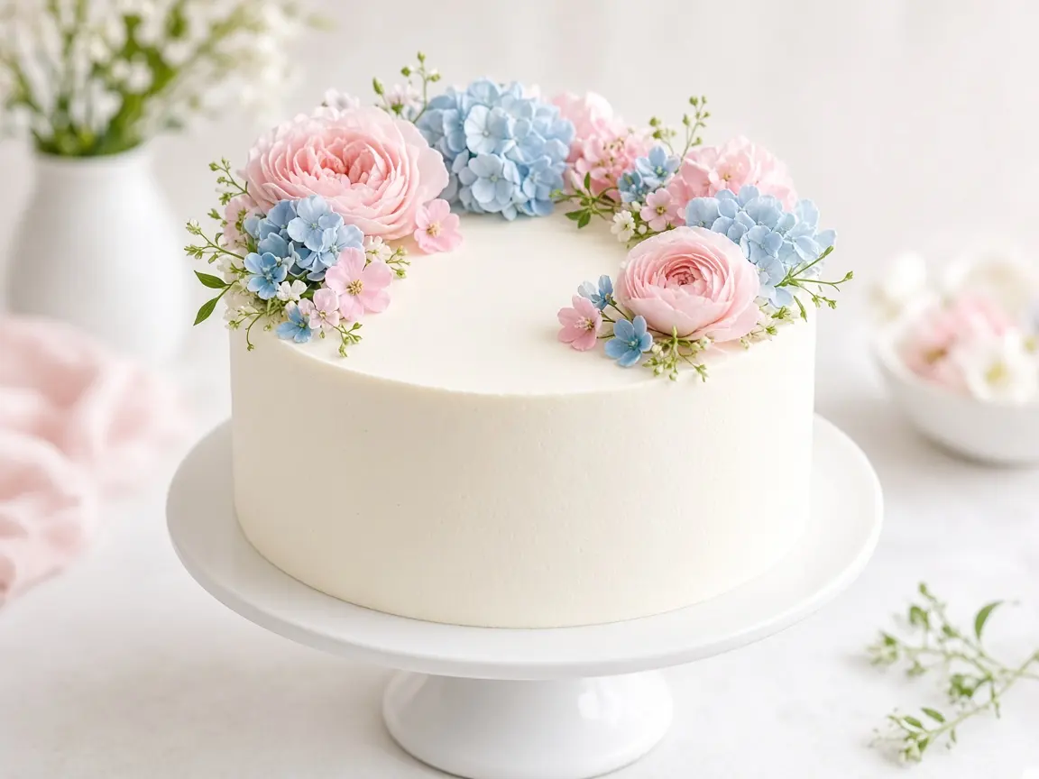 Style example of a gender reveal cake with pink and blue flowers